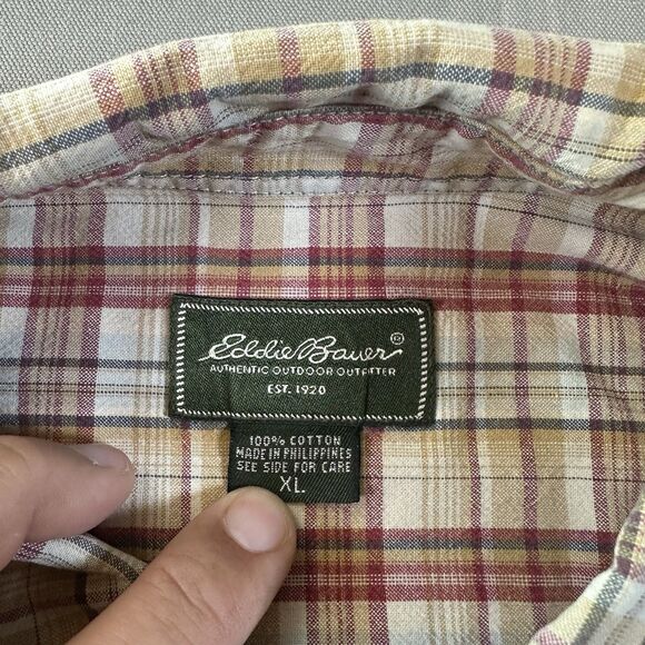 Vintage Eddie Bauer Mens XL Flannel Button Up Shirt Beige Plaid Long Cotton - Picture 2 of 4